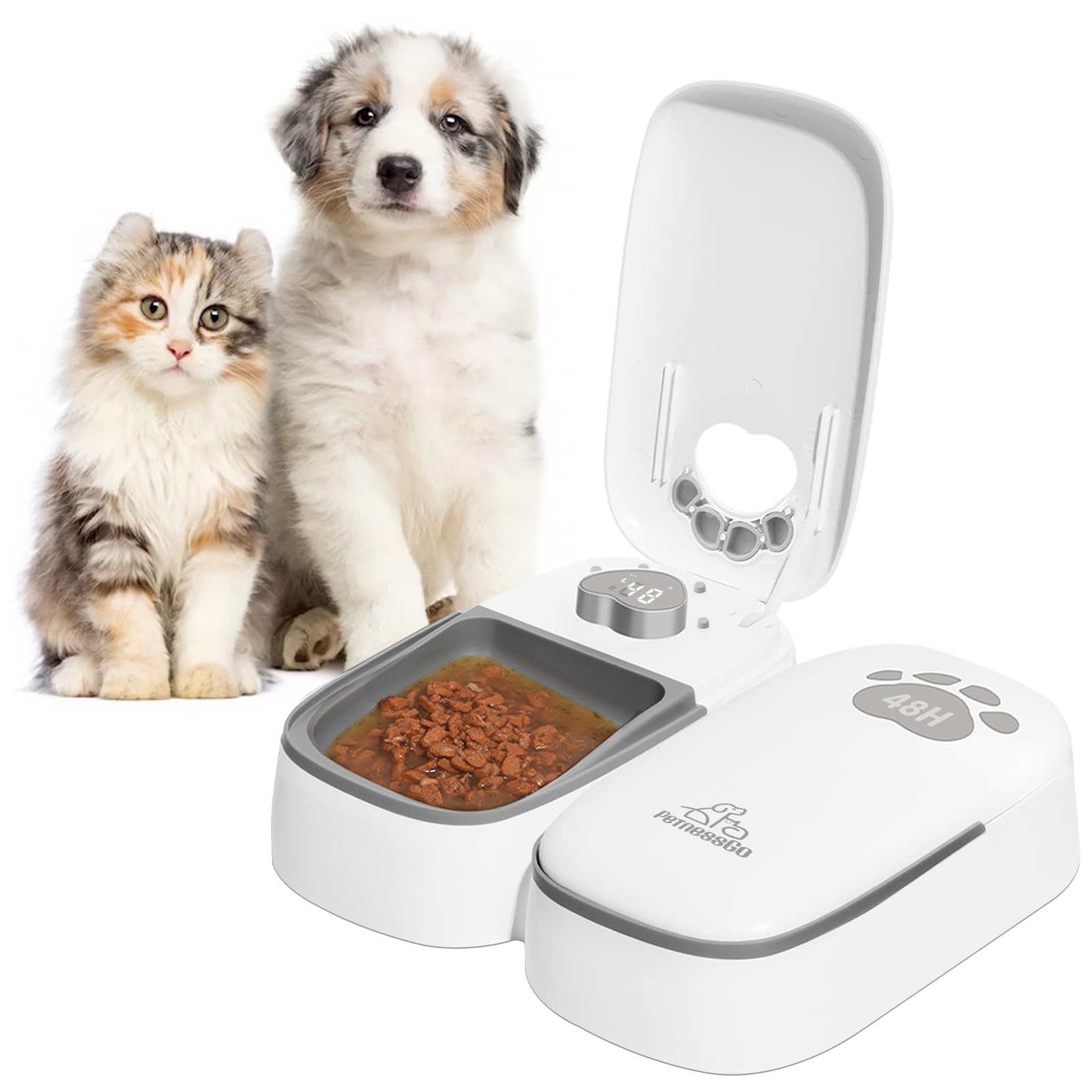 SKAILING Automatic Cat Feeder 2 Meal 48H Timer Wet Dry Cat Food Dispenser with Display and Power Saving Mode for Cat and Dog Automatic Feeder