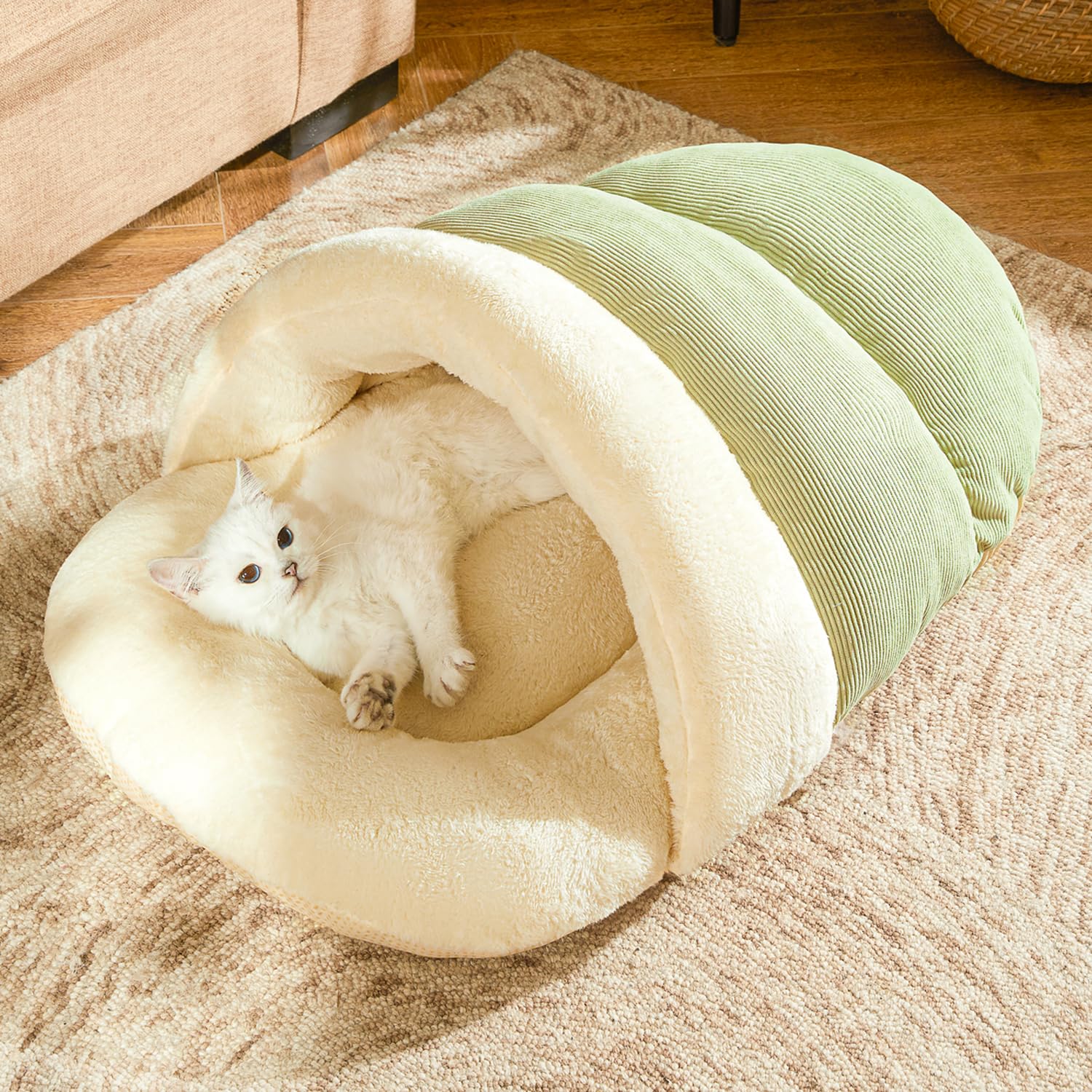 Cat Bed - Cat Cave Bed for Indoor Cats and Small Dogs Cute Slipper Cat Cave Bed Cat House Cozy & Soft Plush Anti-Slip &Durable Washable for Kittens and Puppies Under 15 lbs (24"x16" M Green)