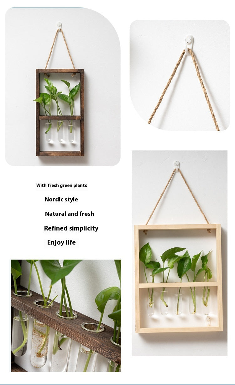 Wall Hanging Wooden Frame Glass Hydroponic Vase Creative Retro Bedroom Living Room Decoration