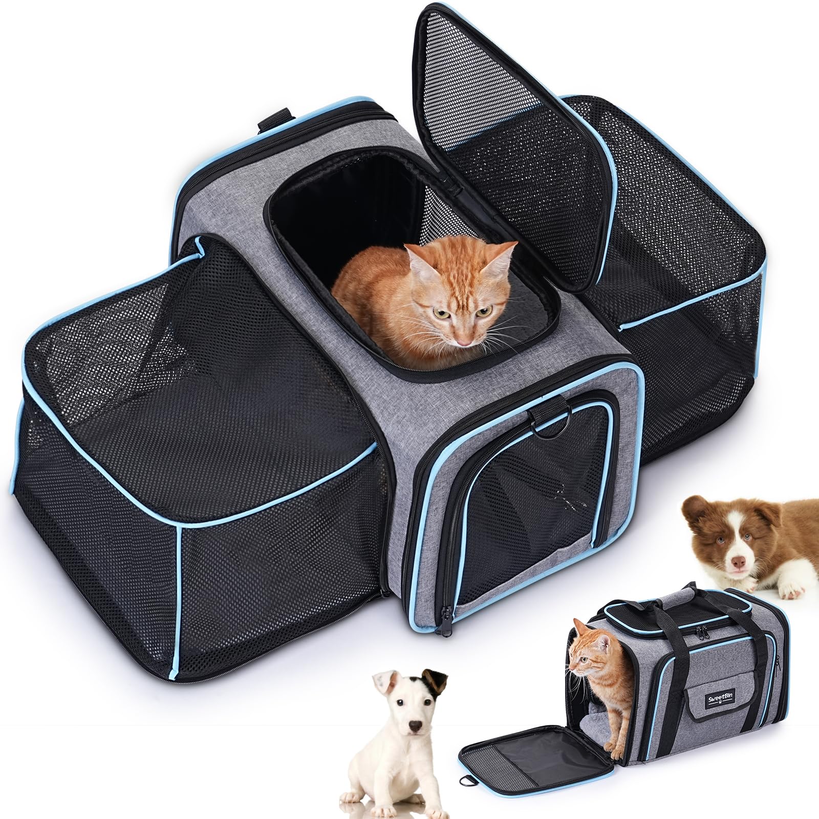 SweetBin 2 Sides Travel Expandable Pet Carrier Bag (Large) Airline Approved Soft-Sided Cat Carrier with Pad & Pocket & Removable Shoulder Strap - 18"x11"x11" Dog Airplane Carrier Under Seat