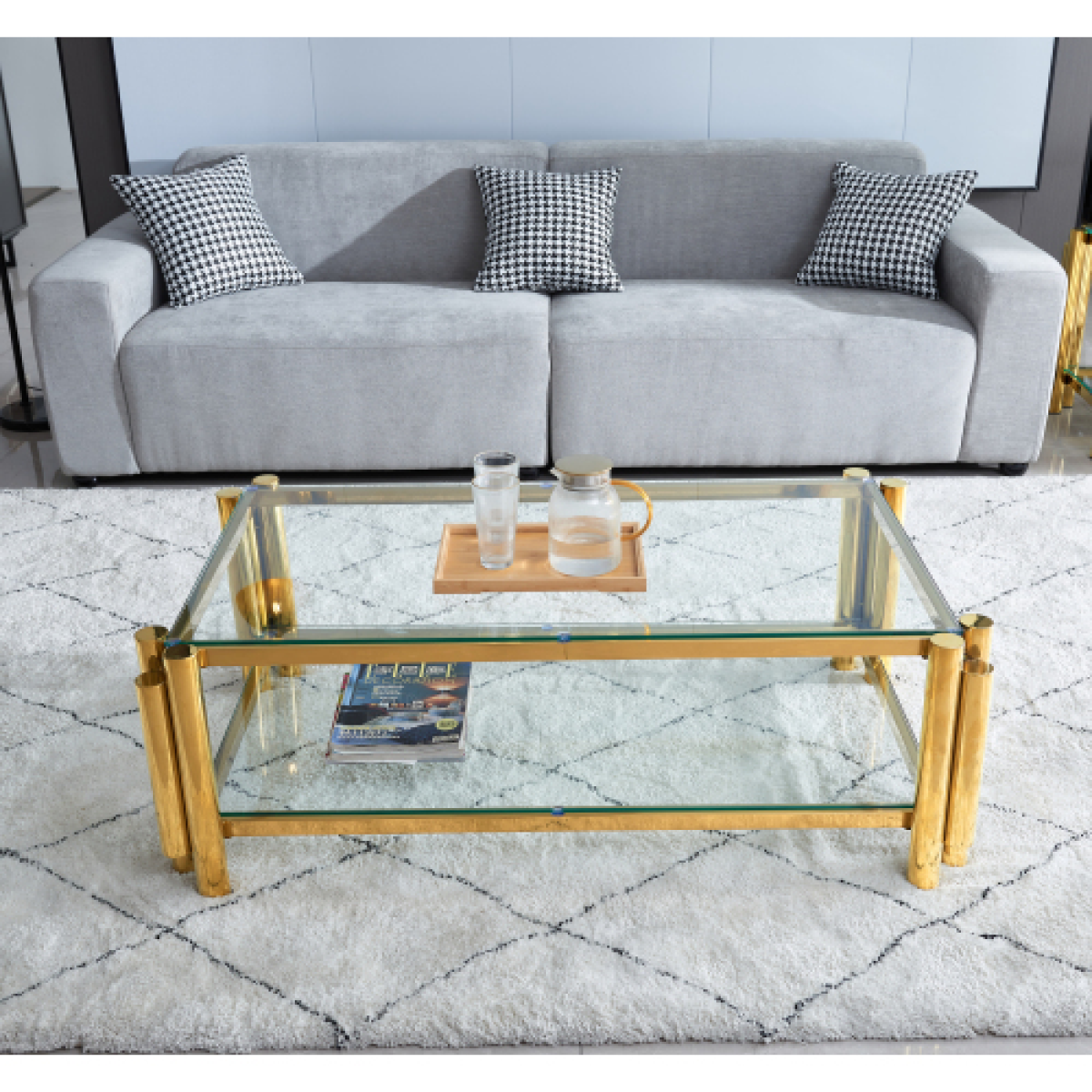 47 Wide Rectangle Modern Stainless Steel Coffee Table, Double-Layer Clear Tempered Glass Coffee Table, Center Table With Storage, For Living Room Home Office, Easy Assembly, Gold