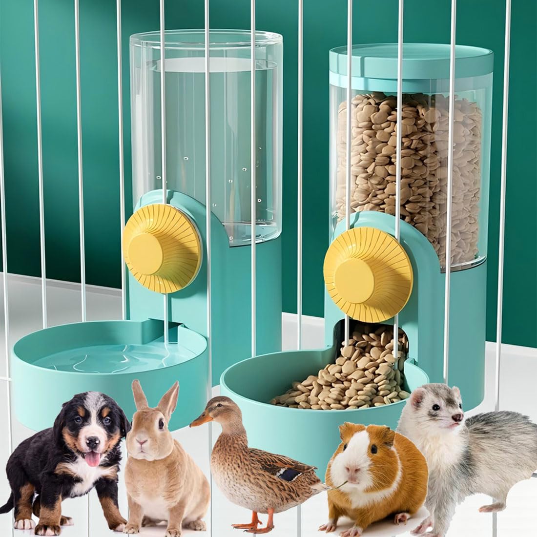 Rabbit Water Food Dispenser Set 40oz Cage Hanging Automatic Feeder Water Bowl Ferret Bunny Guinea Pig Water Bowl Suitable for Small AnimalCage Grid Spacing Over 1.2 (Set-Green)