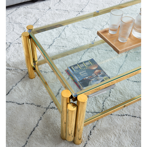 47 Wide Rectangle Modern Stainless Steel Coffee Table, Double-Layer Clear Tempered Glass Coffee Table, Center Table With Storage, For Living Room Home Office, Easy Assembly, Gold