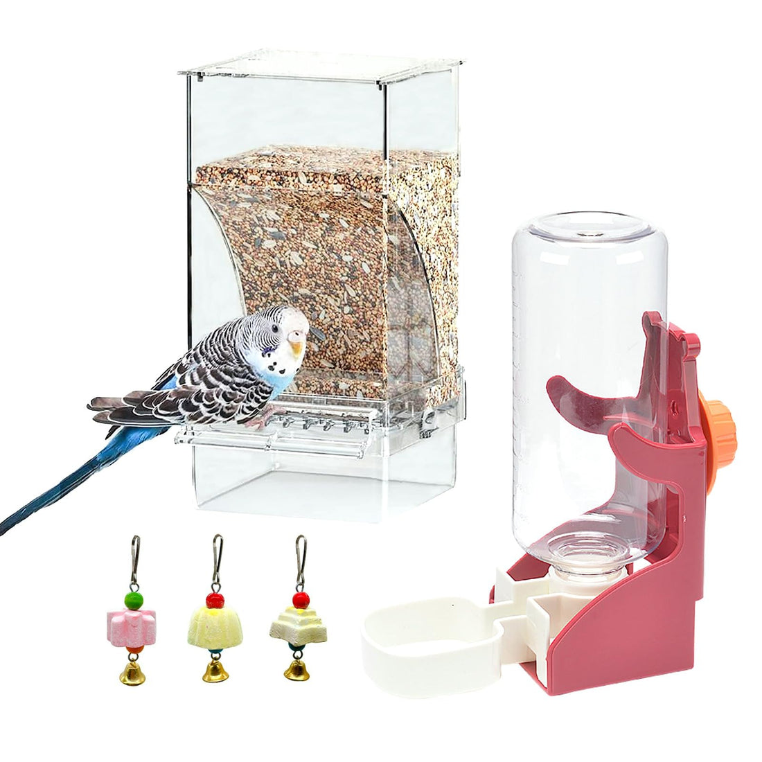 Parrot Automatic Feeder Bird Water Dispenser for Cage No Mess Bird Feeder Food Container Feeding Station Foraging with 3 Beak Grinding Stone for Cockatiel Cockatoo Canary Lovebirds